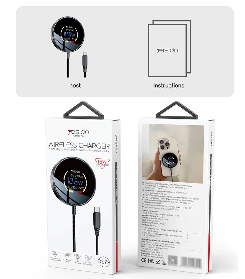 Yesido DS28 Wireless Charger 15W with Display, 1.2M Black