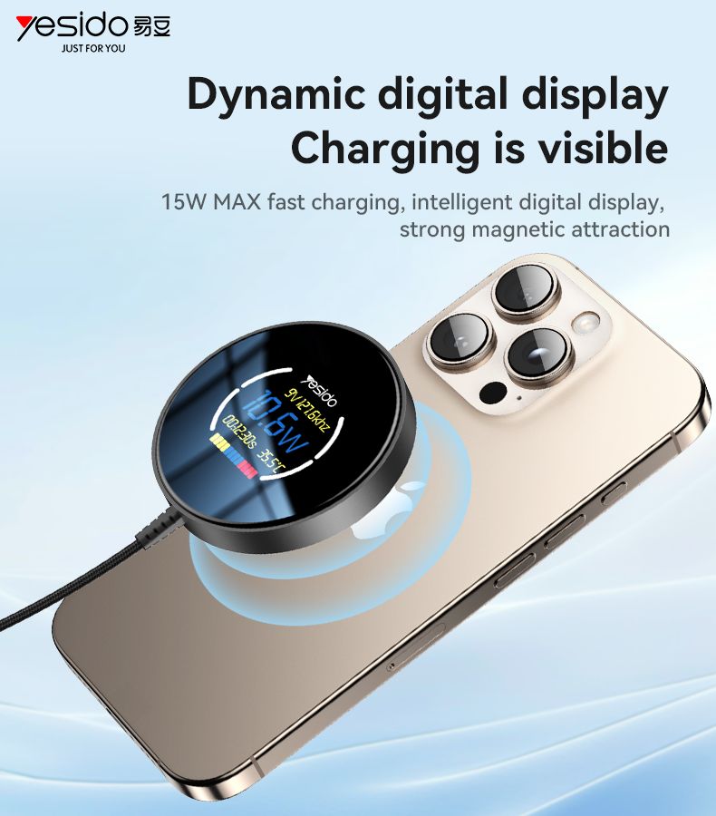 Yesido DS28 Wireless Charger 15W with Display, 1.2M Black