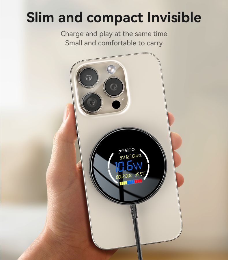 Yesido DS28 Wireless Charger 15W with Display, 1.2M Black