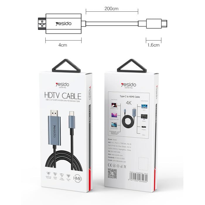 Yesido HM10 USB-C 2.0 to HDTV 4k Cable, 2M Black
