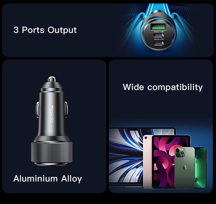 Yesido Y50 Dual USB-C 30W+USB-A QC3.0 17W Car Charger
