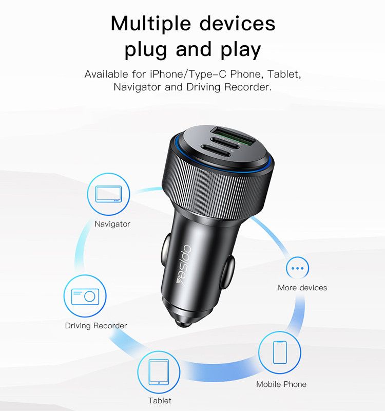 Yesido Y50 Dual USB-C 30W+USB-A QC3.0 17W Car Charger