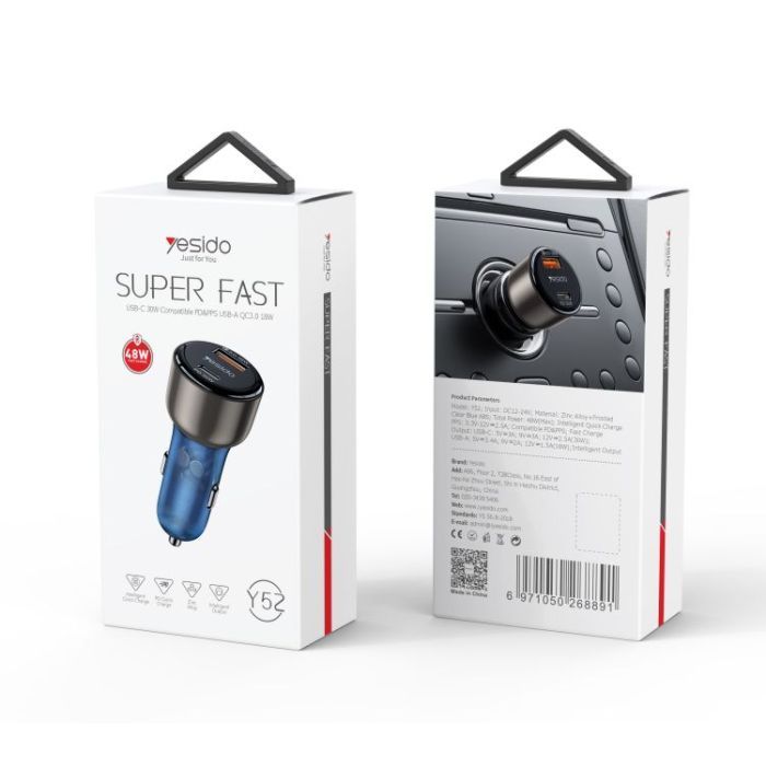 Yesido USB-C 30W+USB-A QC3.0 18W Car Charger