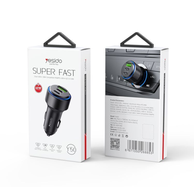 Yesido Y50 Dual USB-C 30W+USB-A QC3.0 17W Car Charger