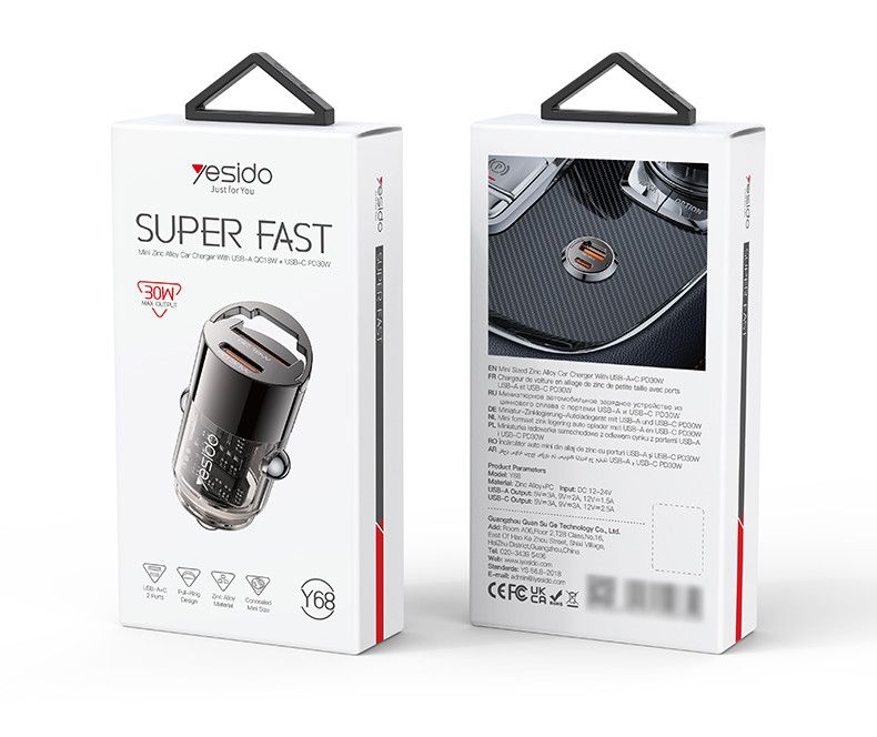 Yesido Y68 USB-A QC 18W+USB-C PD 30W Mini Zinc Alloy Car Charger