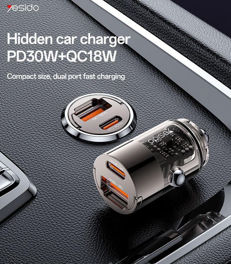 Yesido Y68 USB-A QC 18W+USB-C PD 30W Mini Zinc Alloy Car Charger