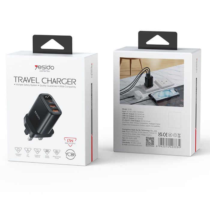 Yesido YC86 Travel Charger 17W, Black