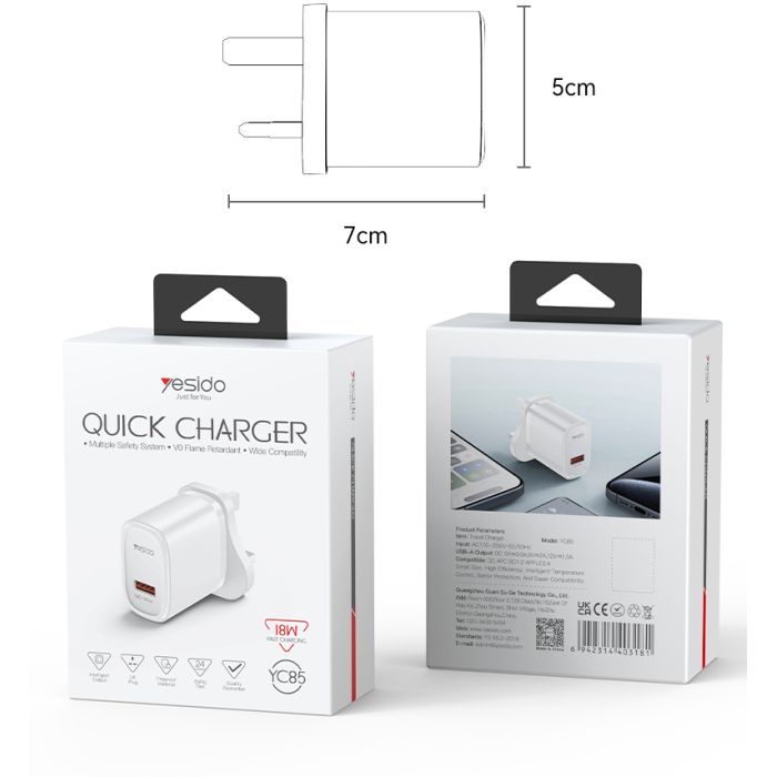 Yesido YC85 Quick Charger 18W, White