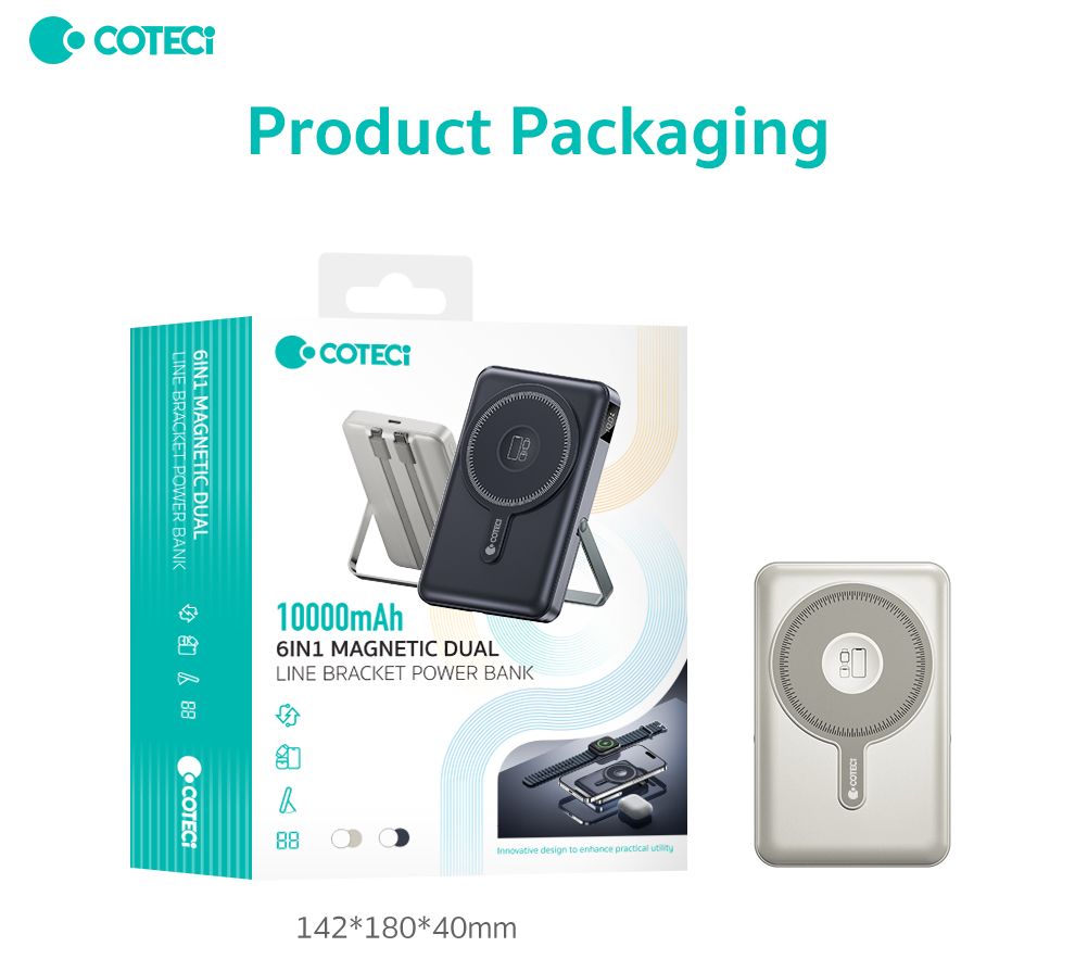 Coteci 6 in 1 Magnetic Dual Power Bank 10,000mAh, Gray