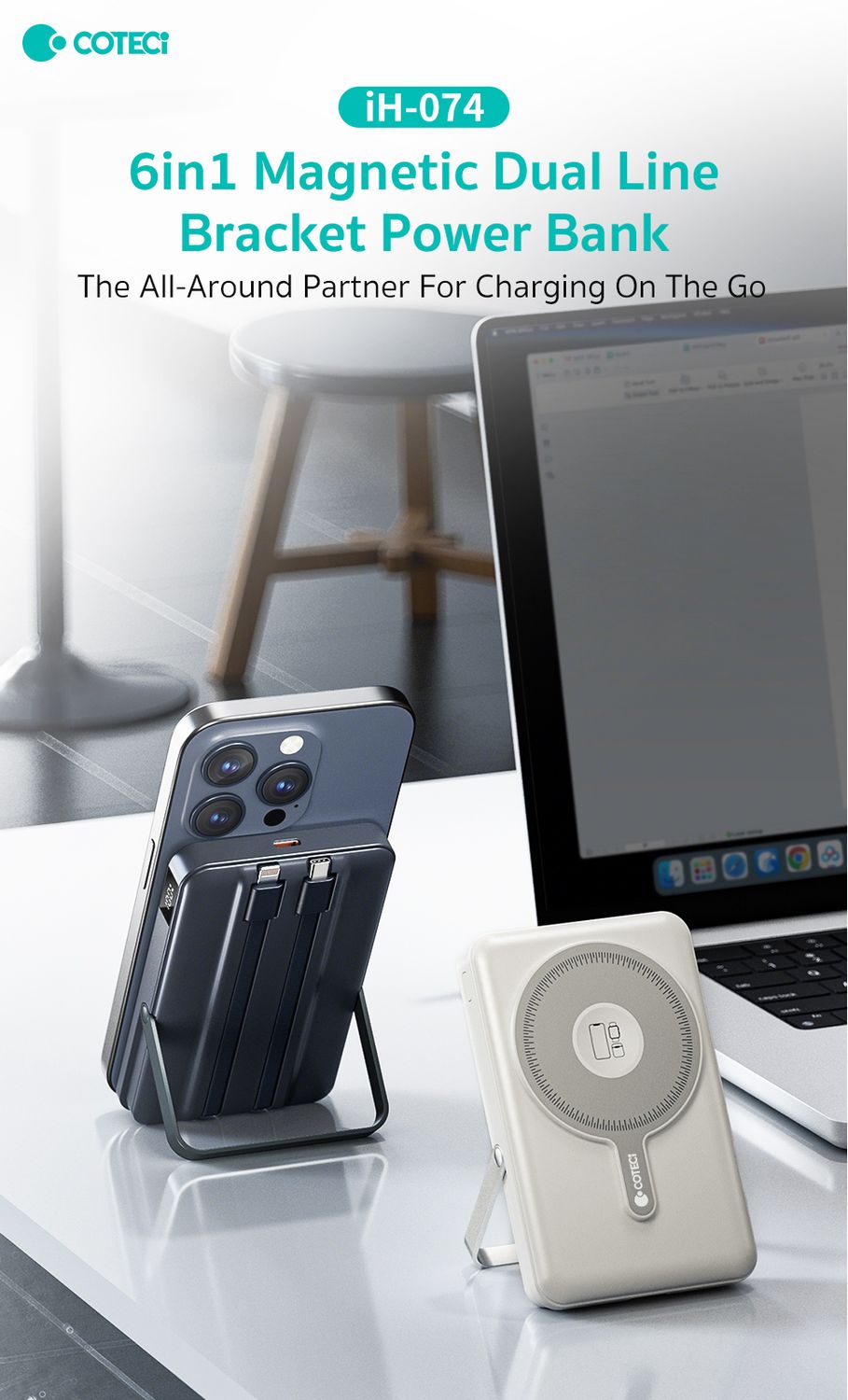 Coteci 6 in 1 Magnetic Dual Power Bank 10,000mAh, Gray