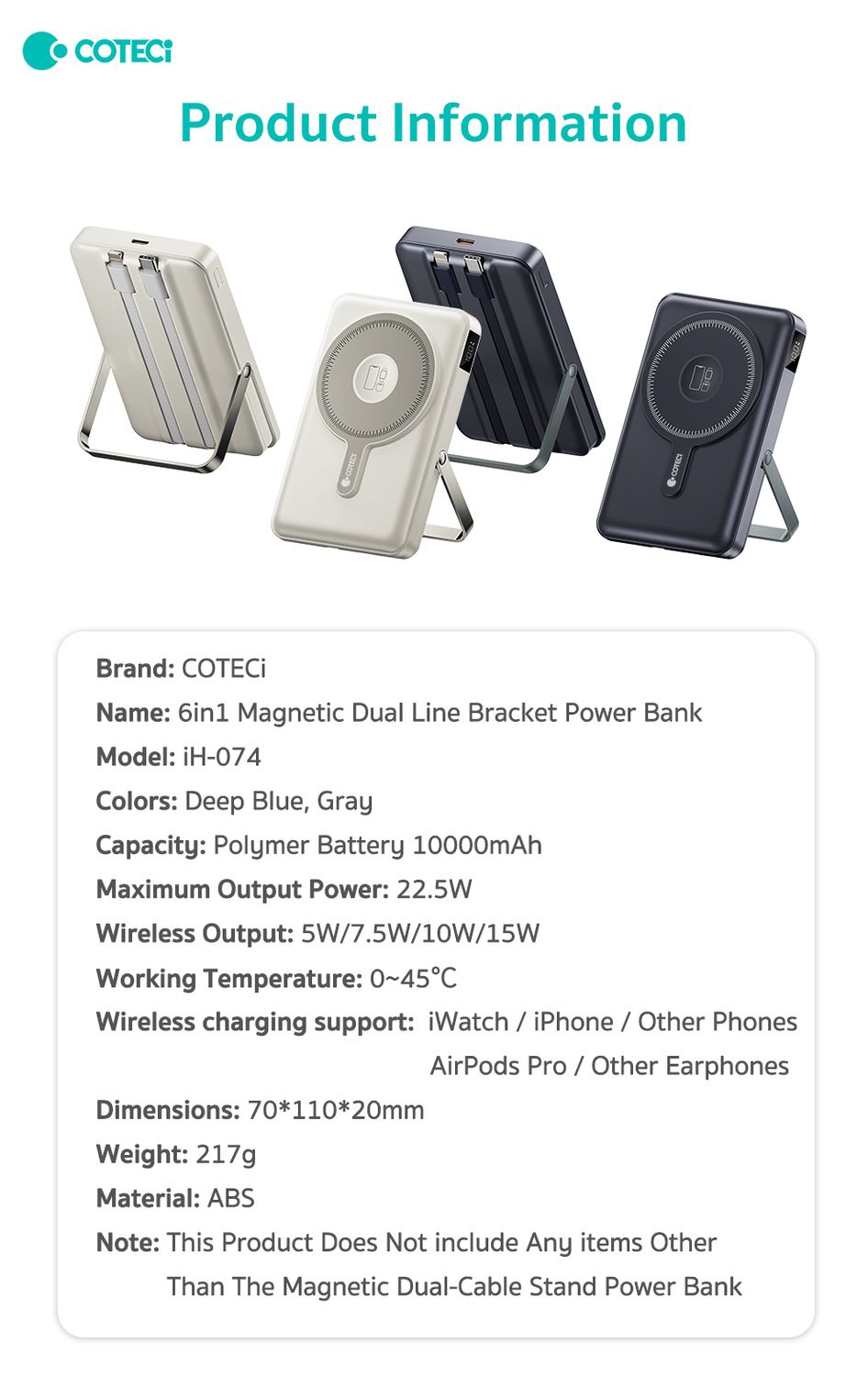 Coteci 6 in 1 Magnetic Dual Power Bank 10,000mAh, Gray