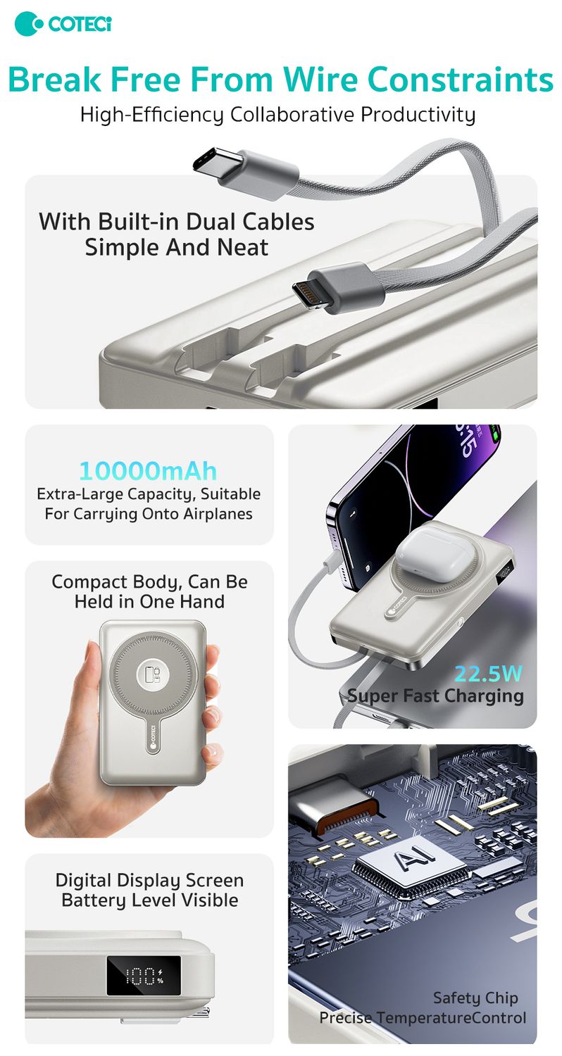 Coteci 6 in 1 Magnetic Dual Power Bank 10,000mAh, Blue