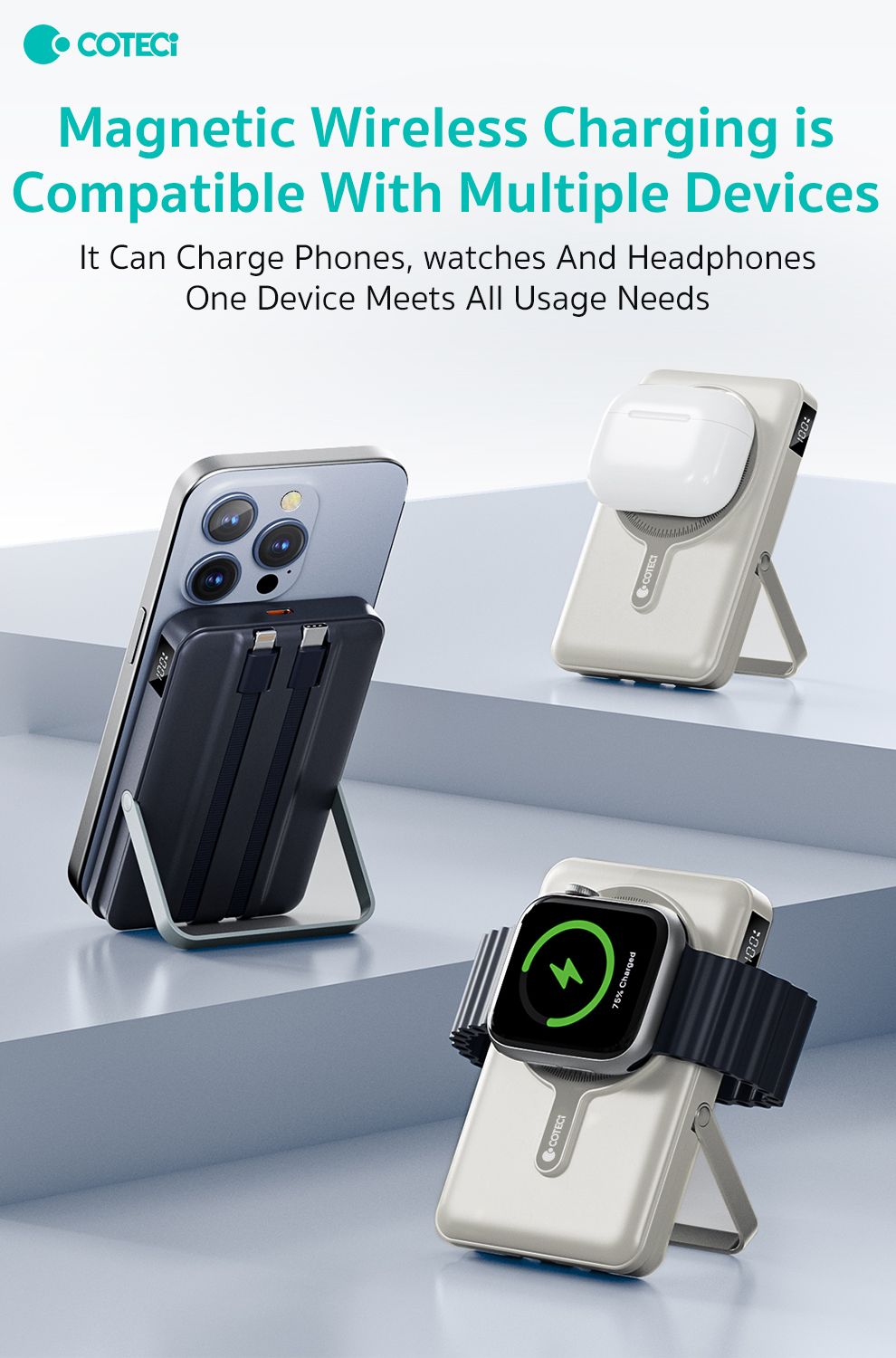 Coteci 6 in 1 Magnetic Dual Power Bank 10,000mAh, Blue