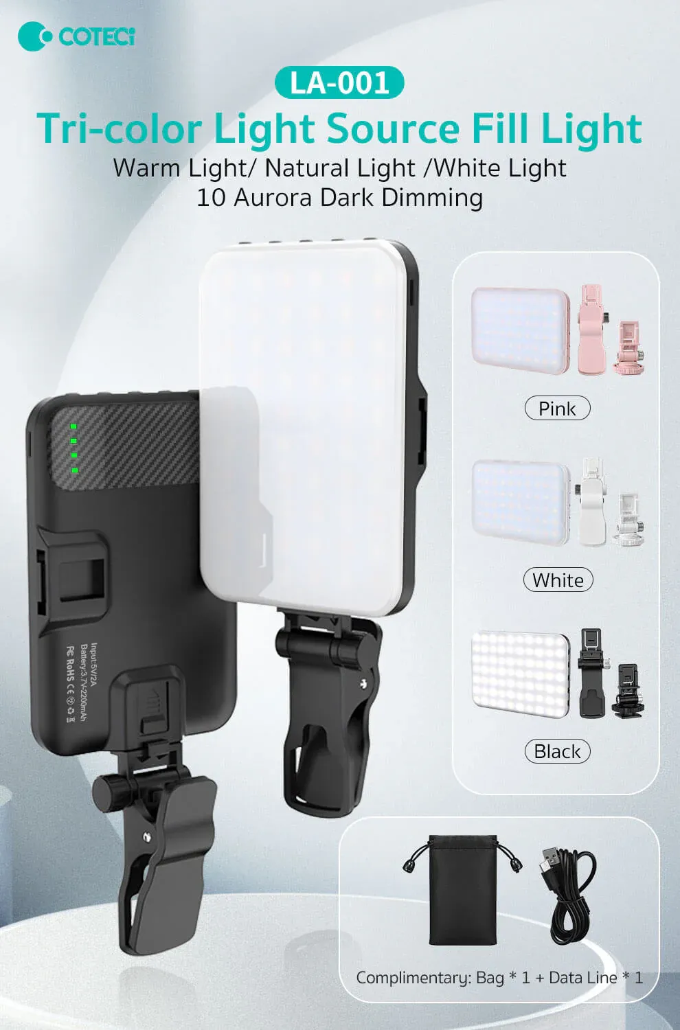 Coteci LA1 3-Color Professional Light Source Fill Light, Black