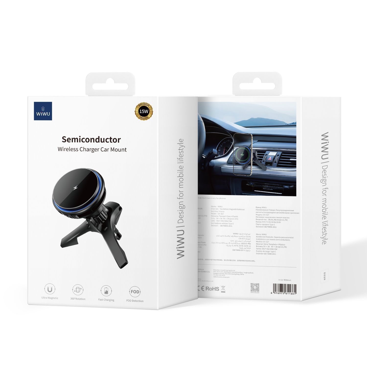 WiWU CH317 Semiconductor Wireless Car Charger, Black