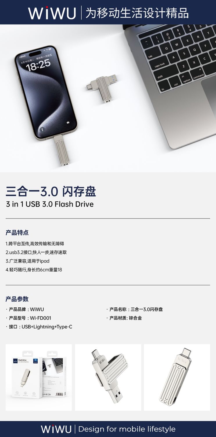 WiWU FD001 3 in 1 USB 3.0 Flash Drive 256GB, Silver