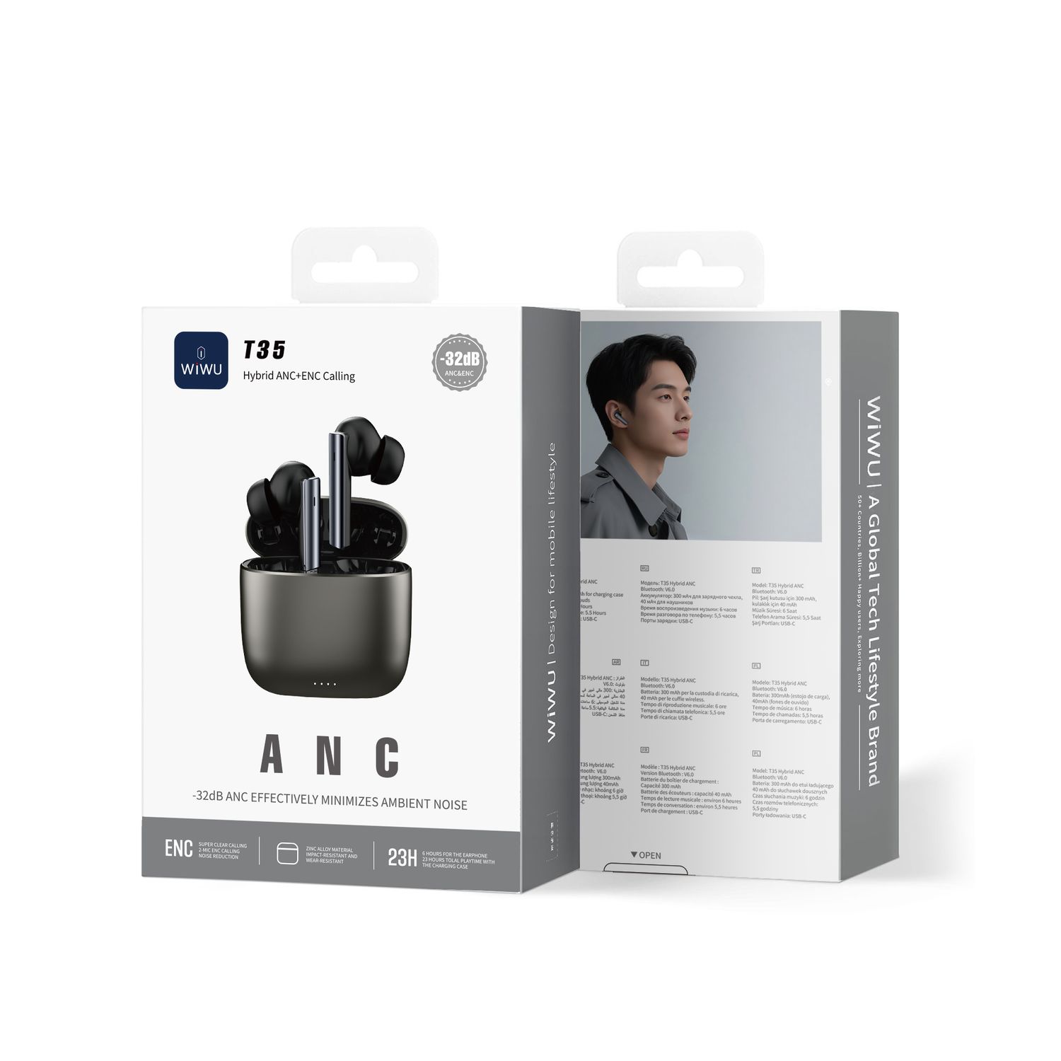 WiWU T35 Hybrid ANC+ENC Earbuds, Black