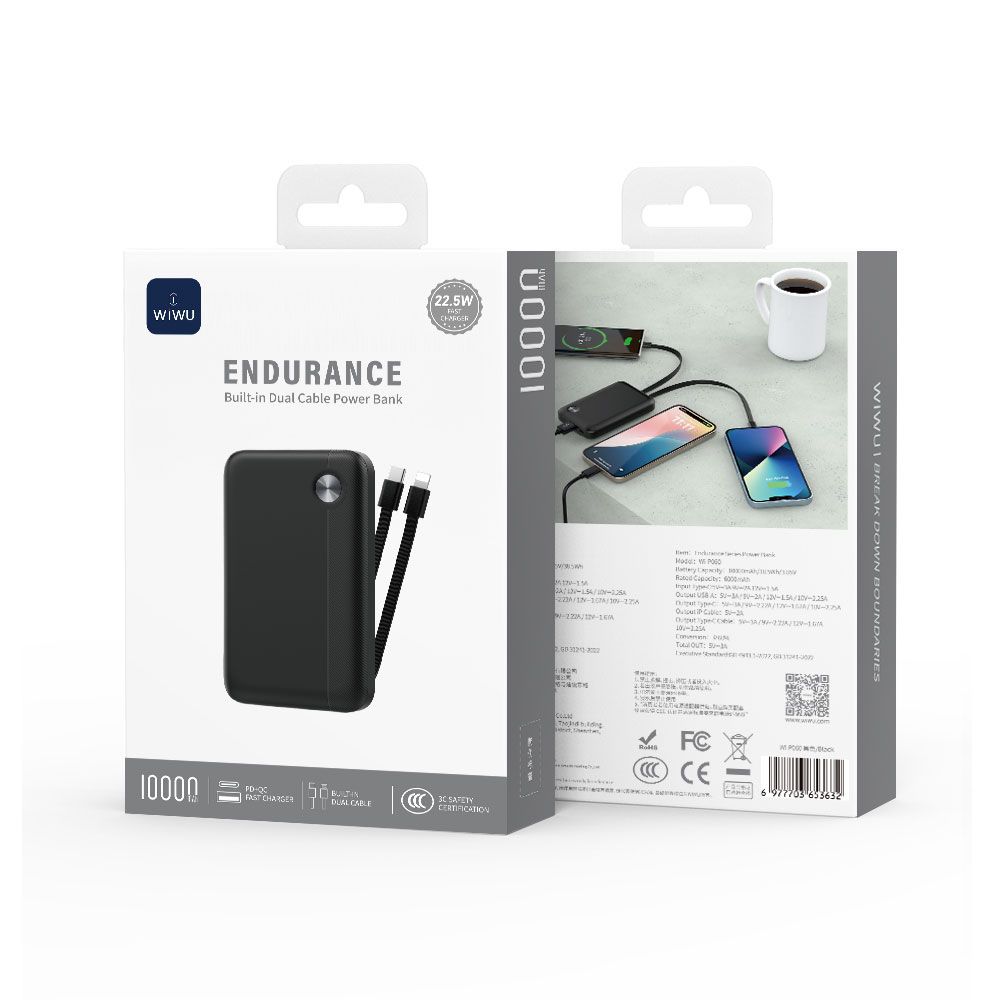 WiWU P060 Endurance Built-in Dual Cable P.Bank 10,000mAh, White