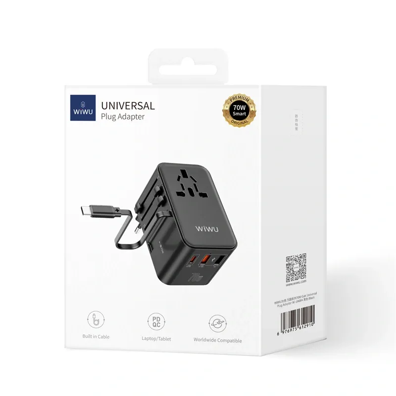 WiWU Wi-UA004 70W GaN Universal Plug Adapter, Black