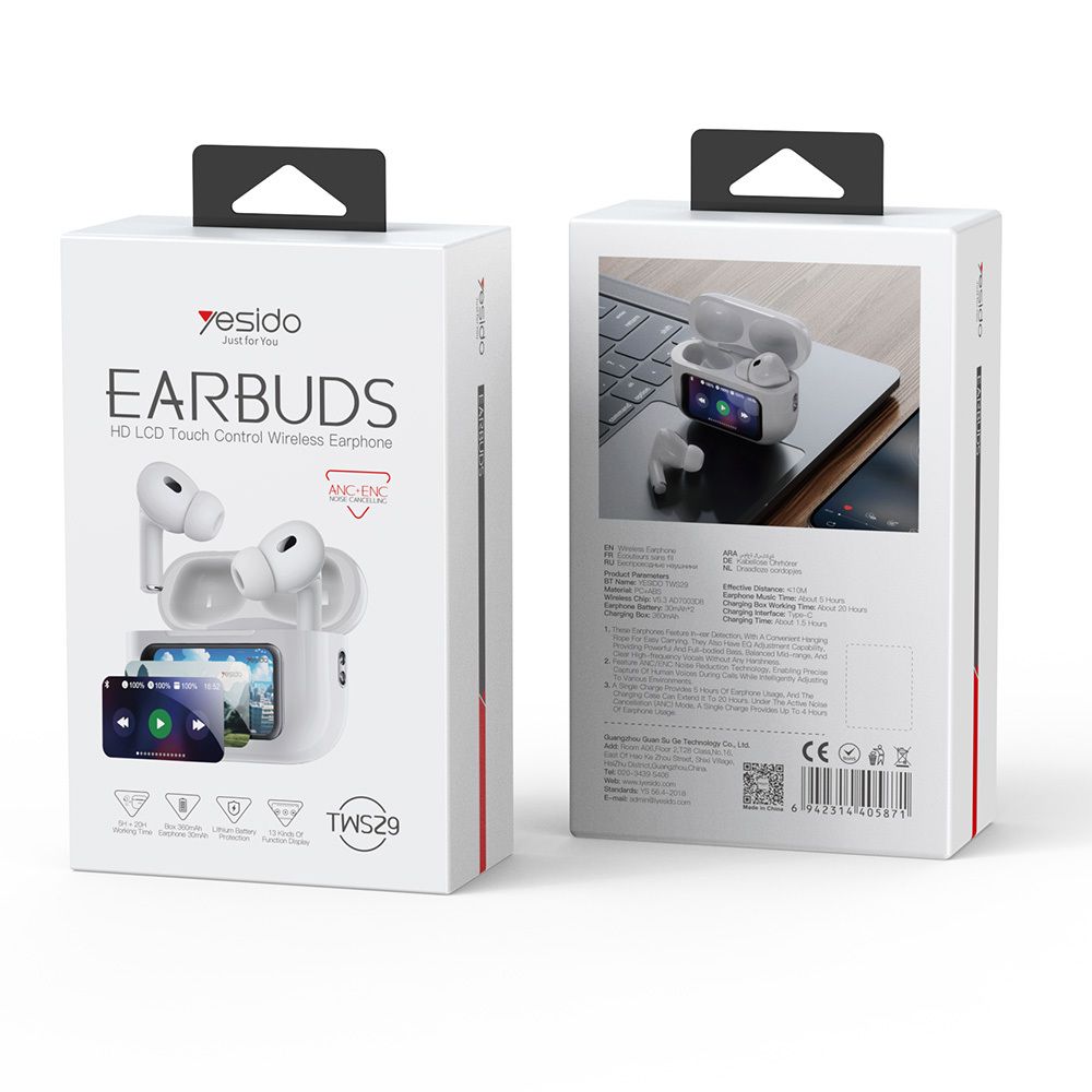 Yesido TWS29 HD LCD Touch Control Wireless Earbuds, White