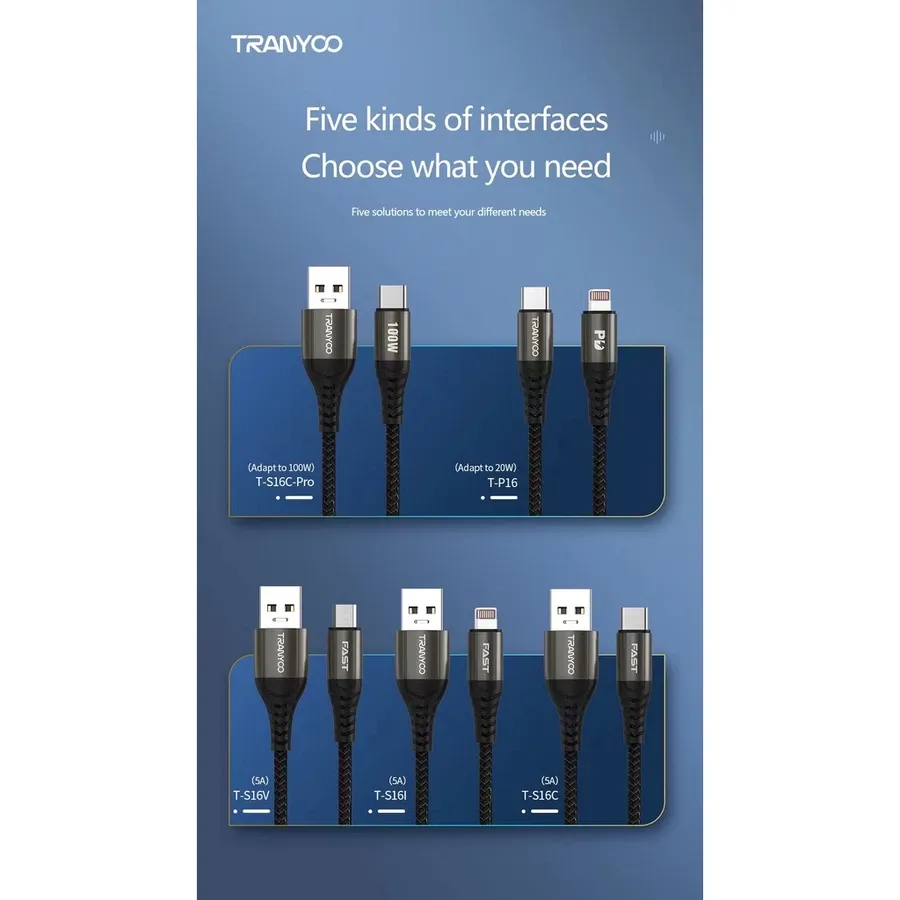 Tranyoo T-S16C USB to Type-C 5A Fast Charging Cable, 2M