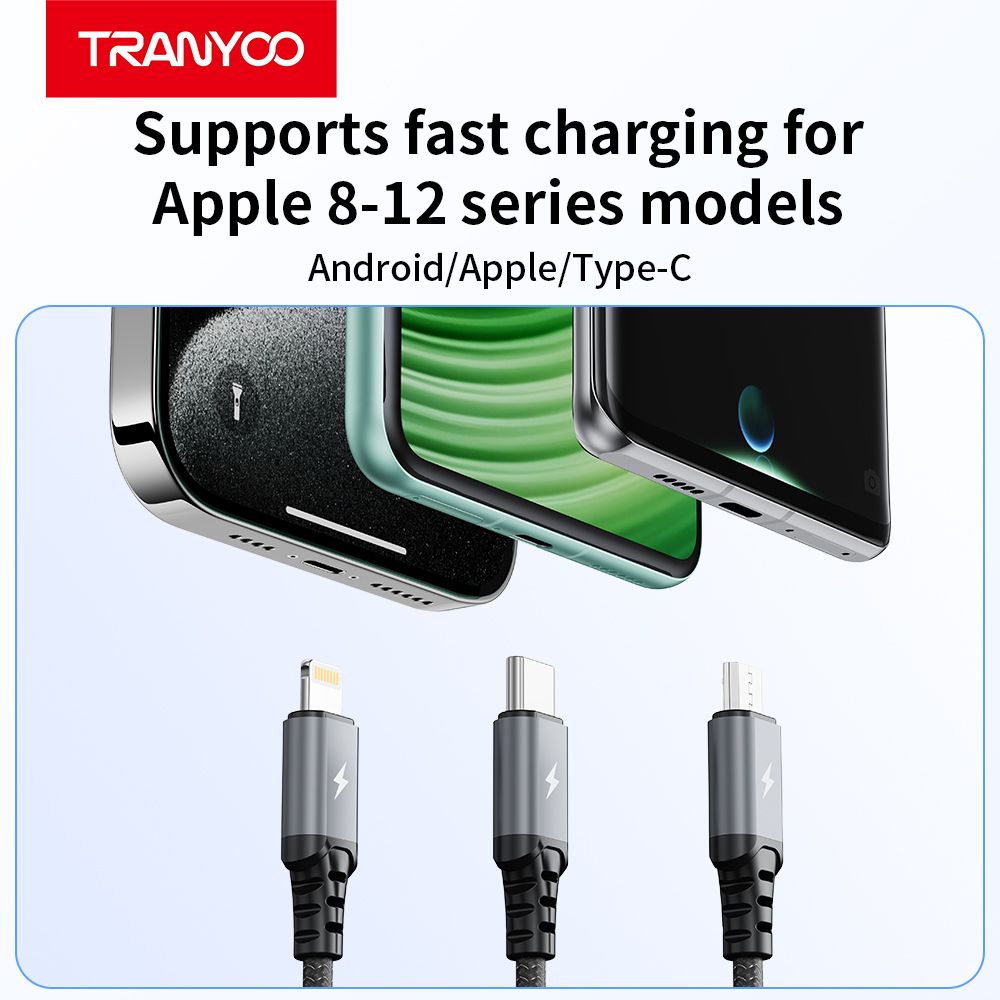 Tranyoo T-XS6 3 in 1 USB Metal Braided Cable, 1.2M