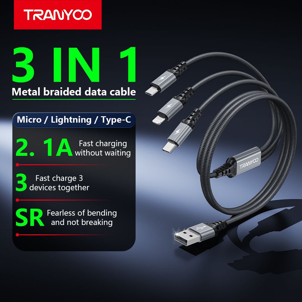 Tranyoo T-XS6 3 in 1 USB Metal Braided Cable, 1.2M
