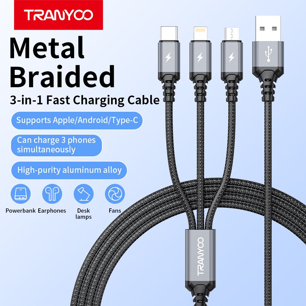 Tranyoo T-XS6 3 in 1 USB Metal Braided Cable, 1.2M