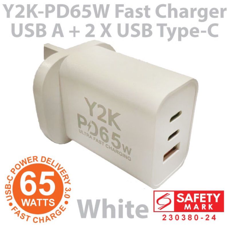 Y2K Triple Ports Wall Charger PD65W, 1A/2C, White