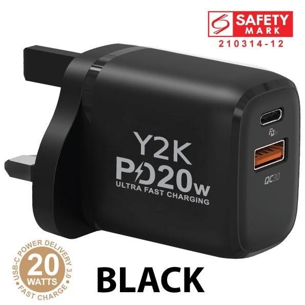 Y2K 20W USB-A &amp;amp; USB-C Wall Charger, Black