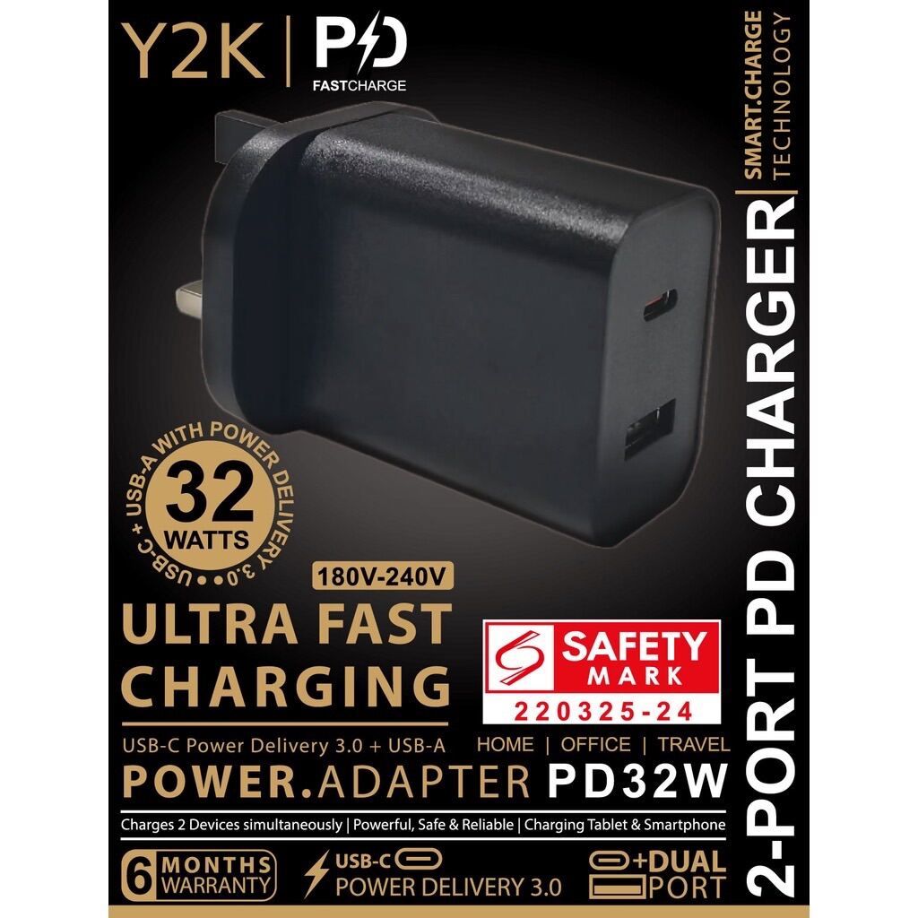 Y2K 32W Ultra Fast Charger 1A1C � Black / White