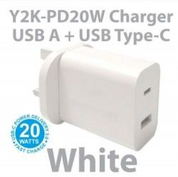 Y2K 20W USB-A &amp;amp; USB-C Wall Charger, White