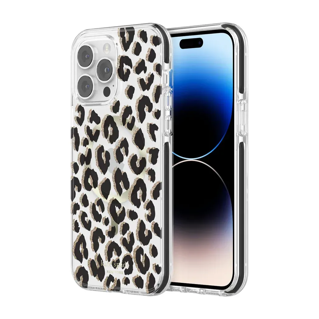 KSNY iPhone 14 Pro Max Defensive Hardshell for MagSafe, Glitter Leopard/Black/Go