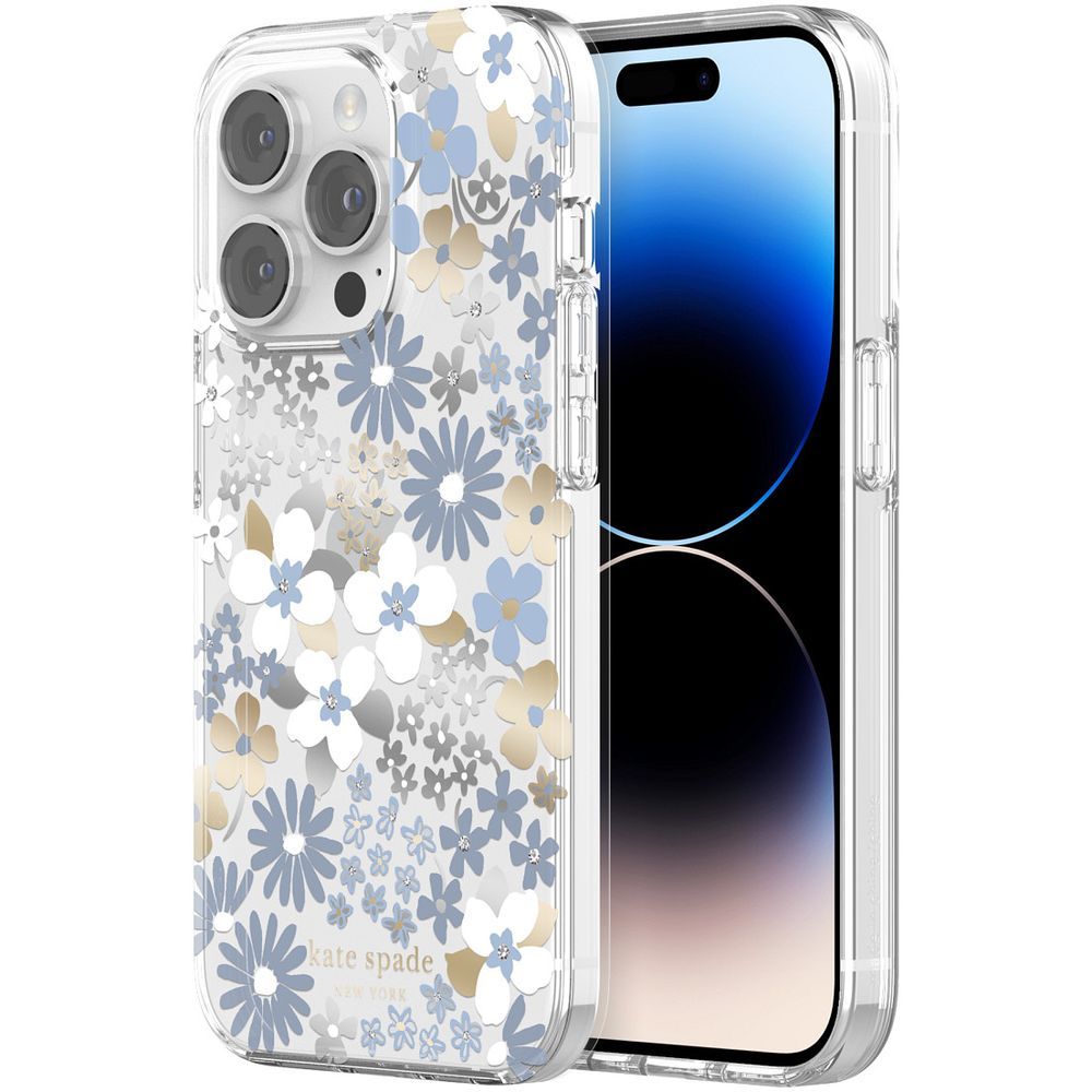 KSNY iPhone 14 Pro Max Protective Hardshell, Flower Fields/Dusty Blue/Silver Foi
