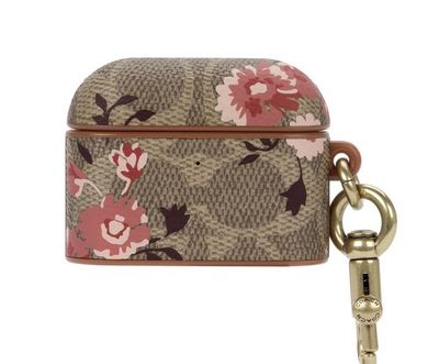 Coach AirPods Pro Leather Case, Prairie Rose Signature C Khaki/Blush/Teracotta