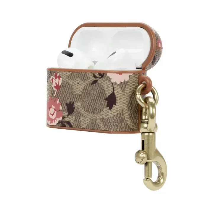 Coach AirPods Pro Leather Case, Prairie Rose Signature C Khaki/Blush/Teracotta