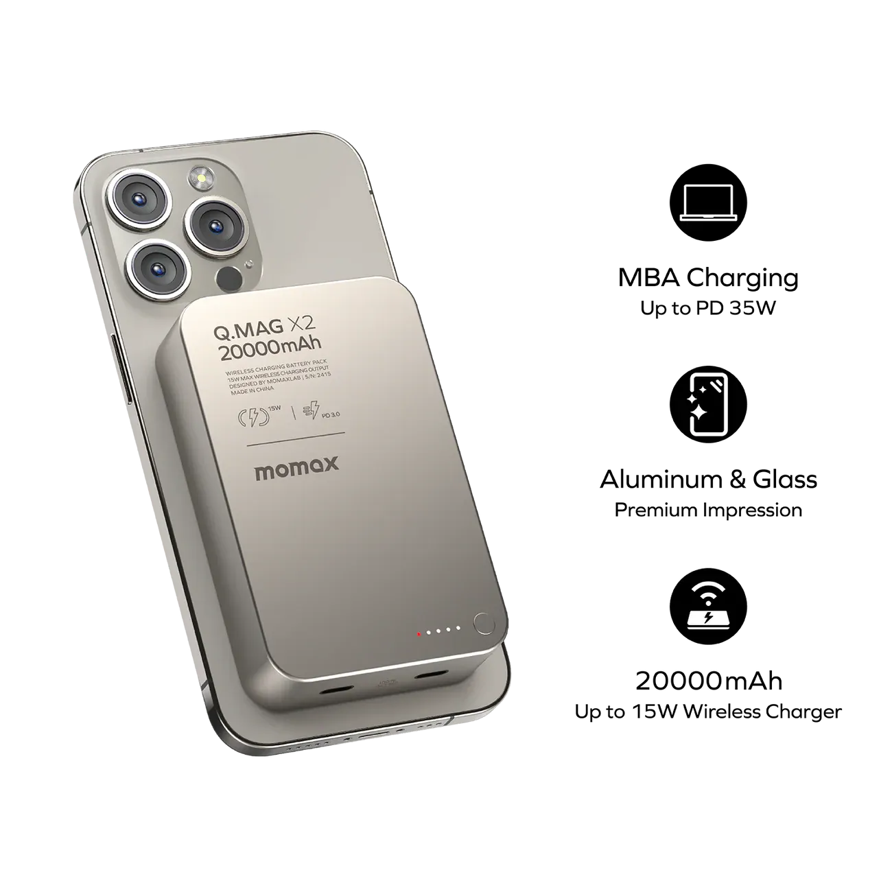 Momax Ultra Compact Magnetic Wireless Power Bank 20000mAh, Titanium Chroma