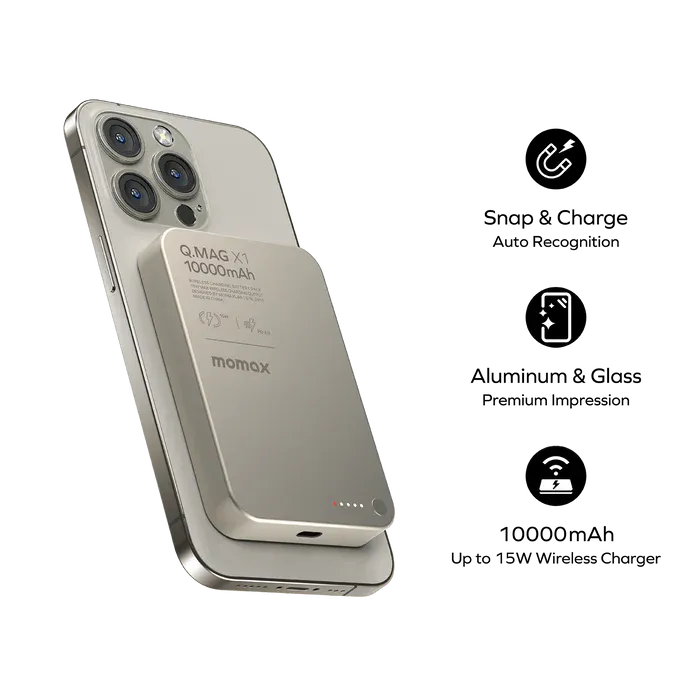 Momax Ultra Slim Magnetic Wireless Power Bank 10000mAh, Titanium Chroma