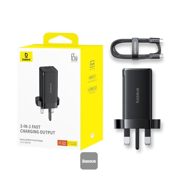 Baseus GaN5 Pro Fast Charger 2C+U 65K UK, Cluster Black