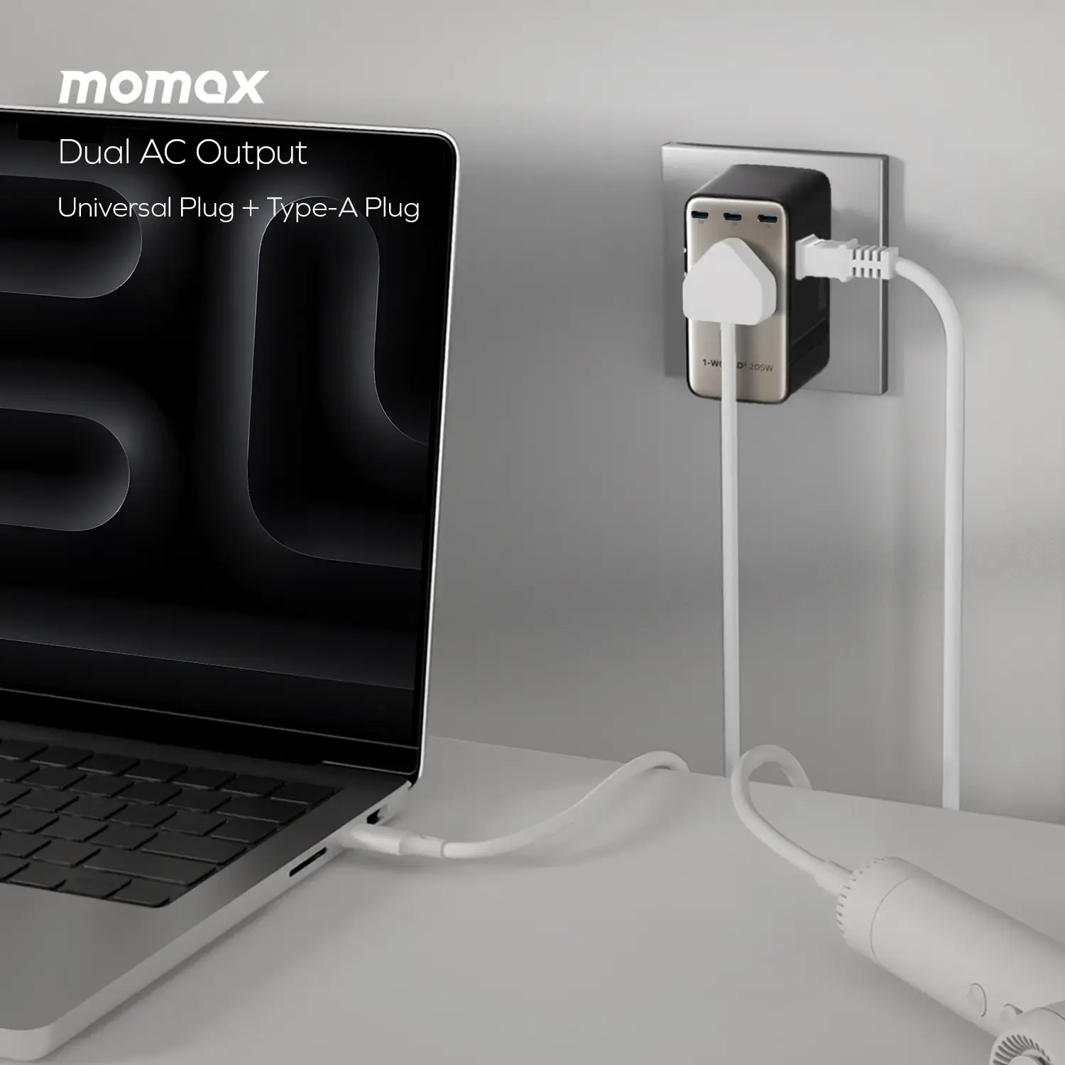 Momax UA28 205W GaN 7-Port + Dual AC Travel Adapter, Titanium