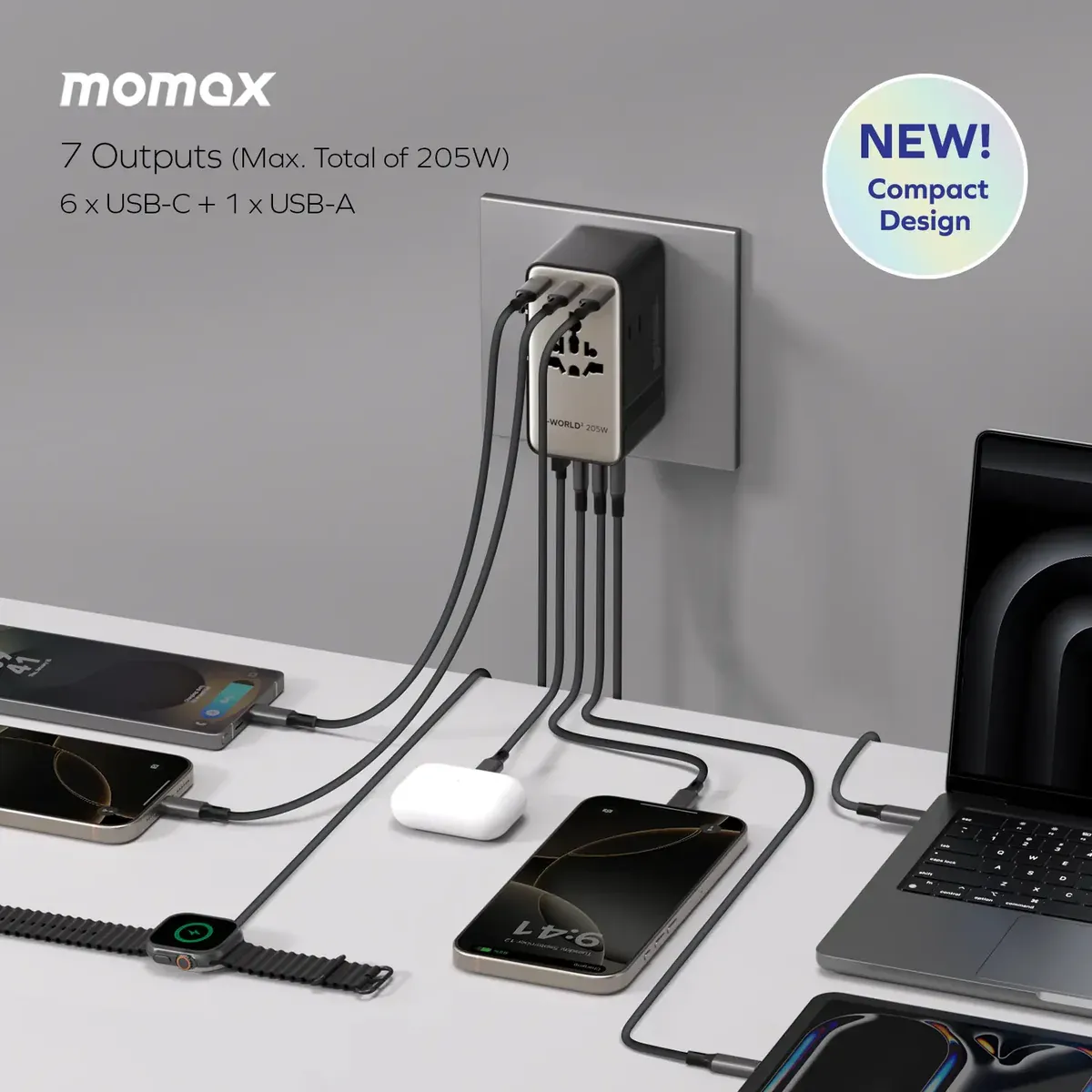 Momax UA28 205W GaN 7-Port + Dual AC Travel Adapter, Titanium