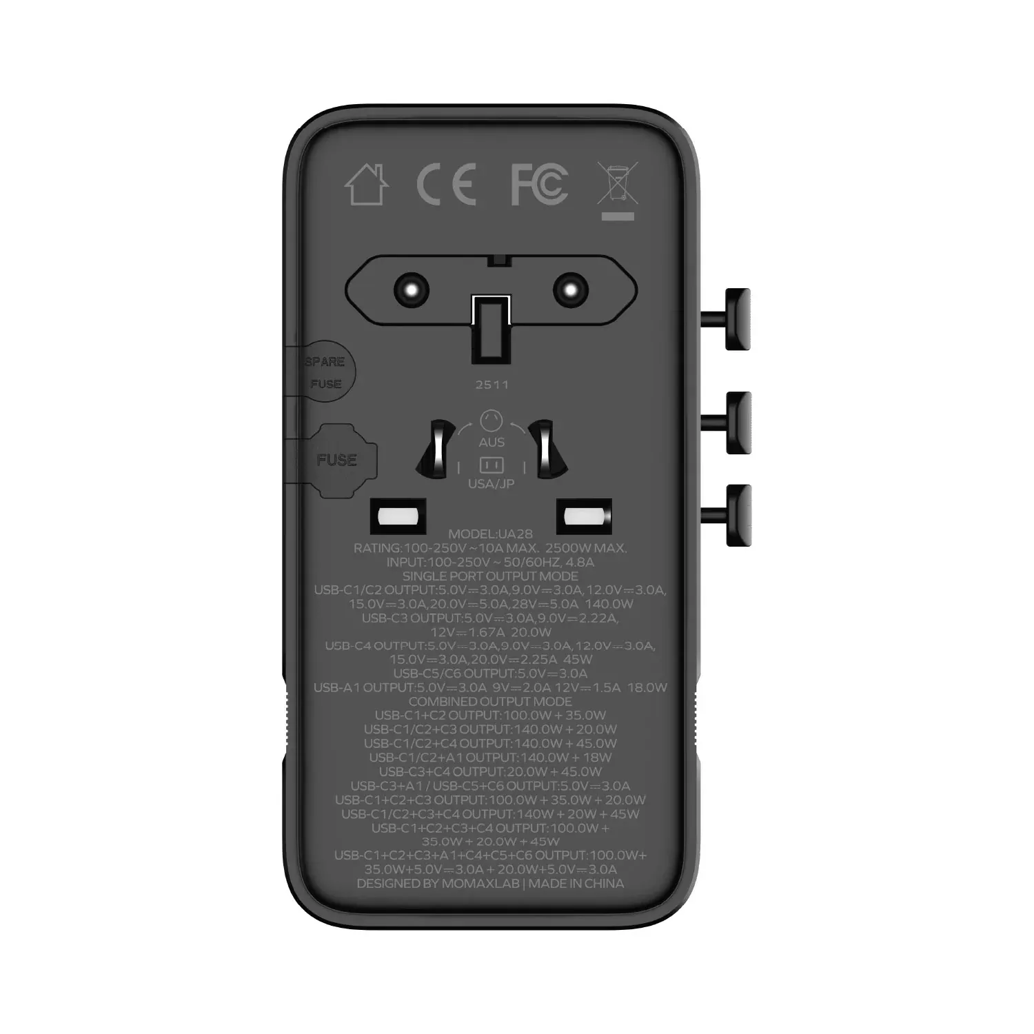 Momax UA28 205W GaN 7-Port + Dual AC Travel Adapter, Titanium