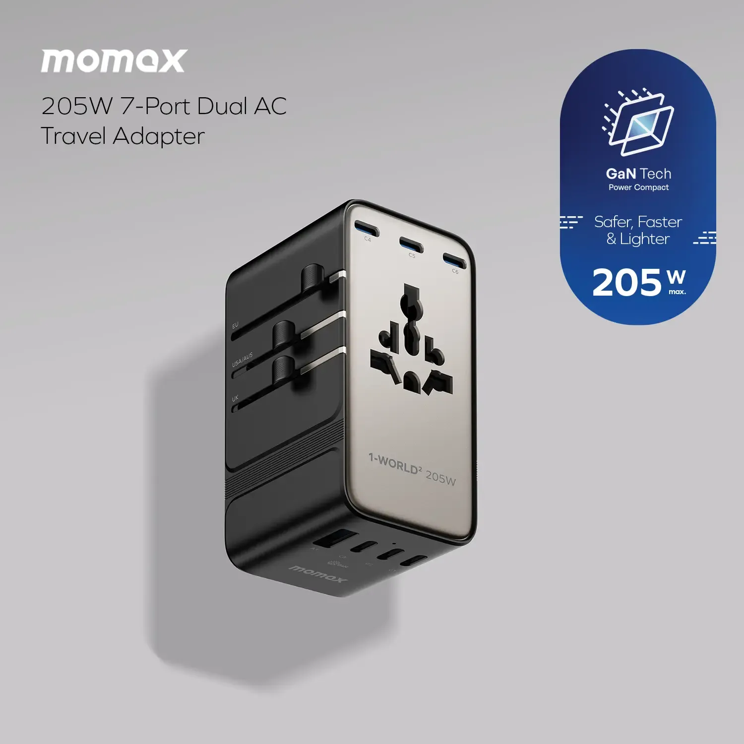 Momax UA28 205W GaN 7-Port + Dual AC Travel Adapter, Titanium