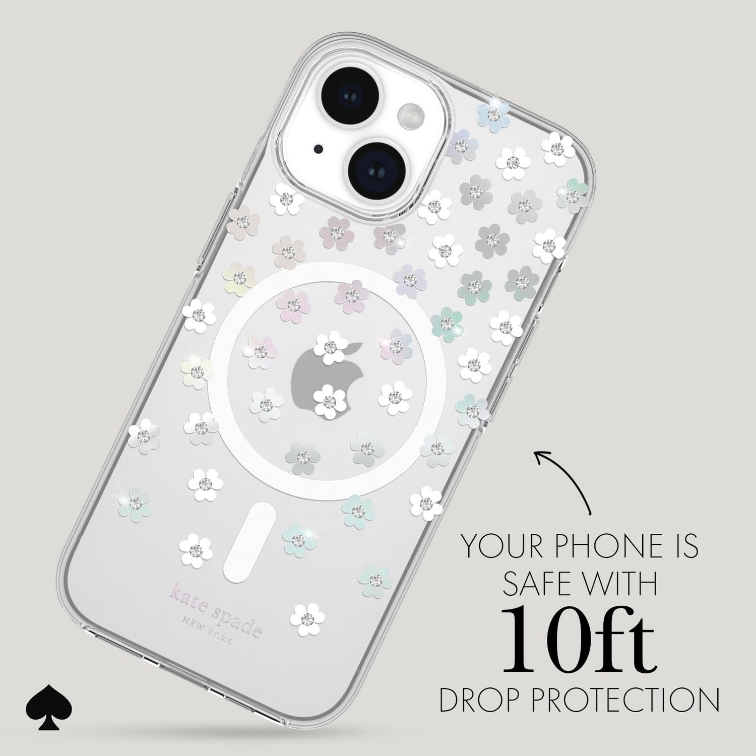 KSNY iPhone 14/15 Plus Protective Hardshell, Scattered Flowers/Iridescent/Clear/