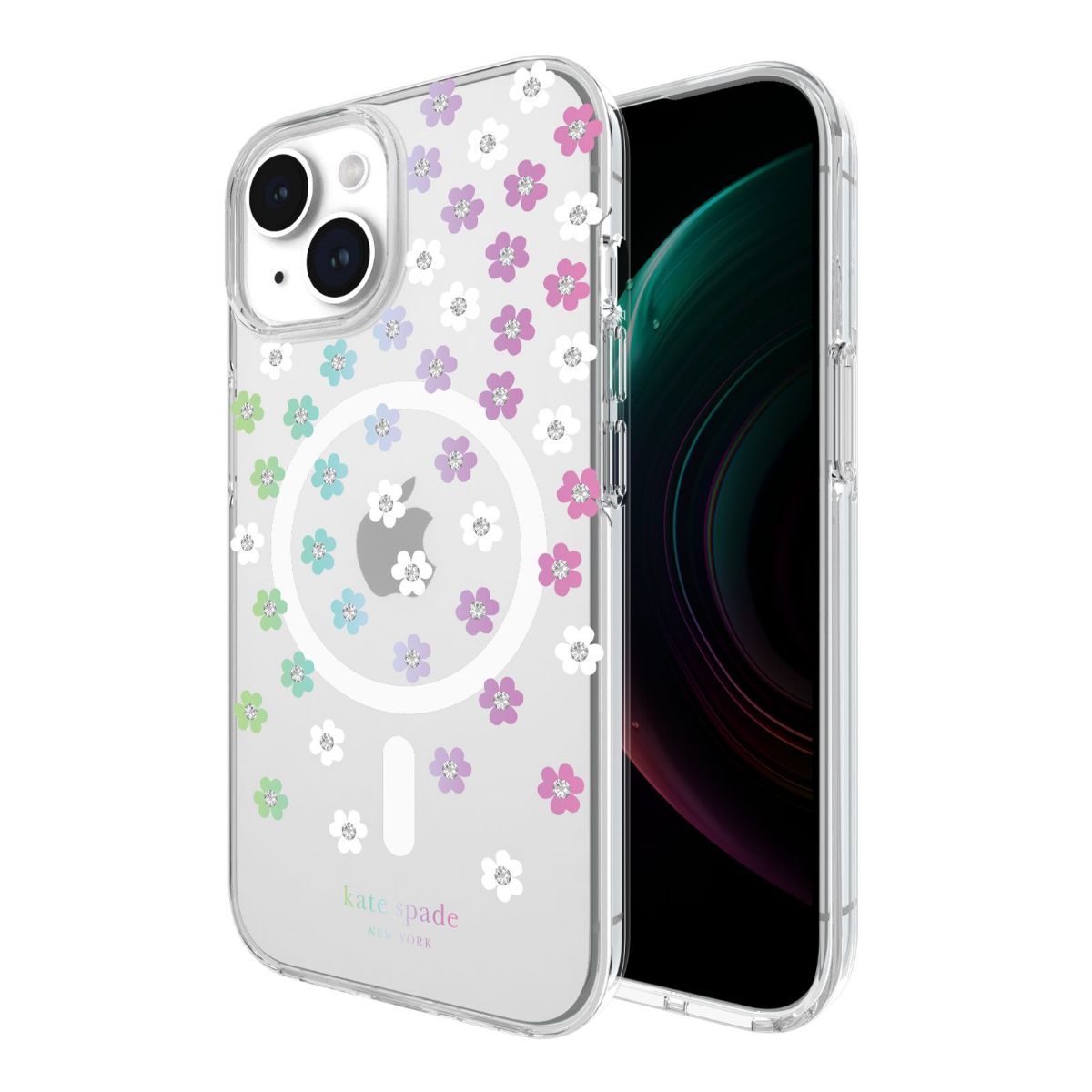 KSNY iPhone 14/15 Plus Protective Hardshell, Scattered Flowers/Iridescent/Clear/