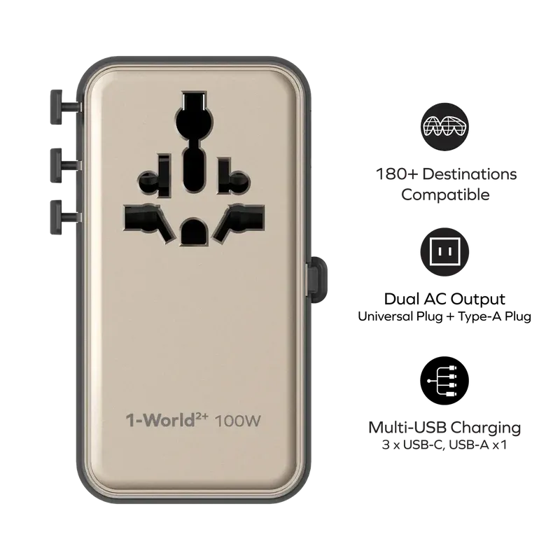 Momax UA25L 100W GaN 4-Port + Dual AC Travel Adapter, Titanium