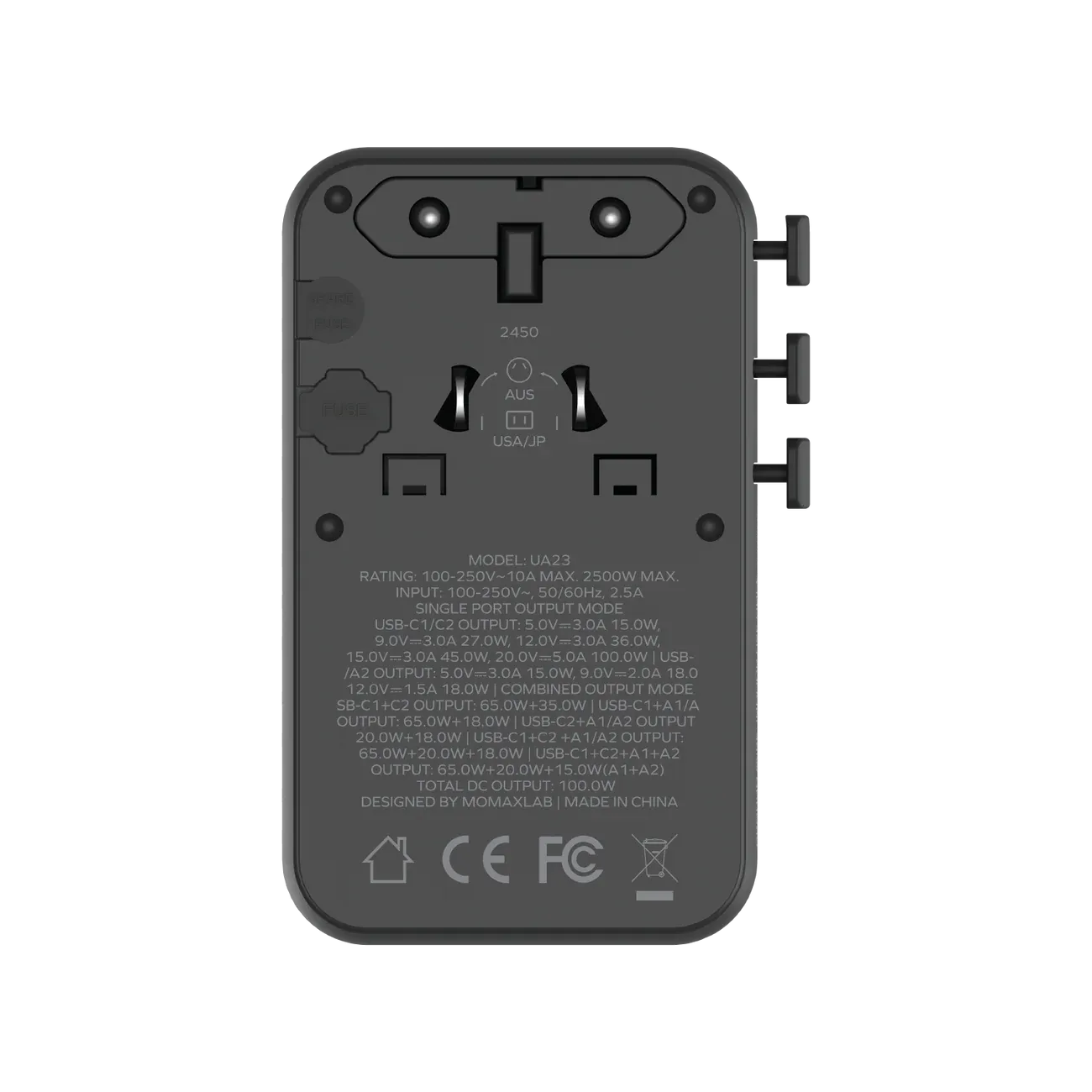 Momax UA23D 100W GaN 4-Port + Dual AC Travel Adapter, Black