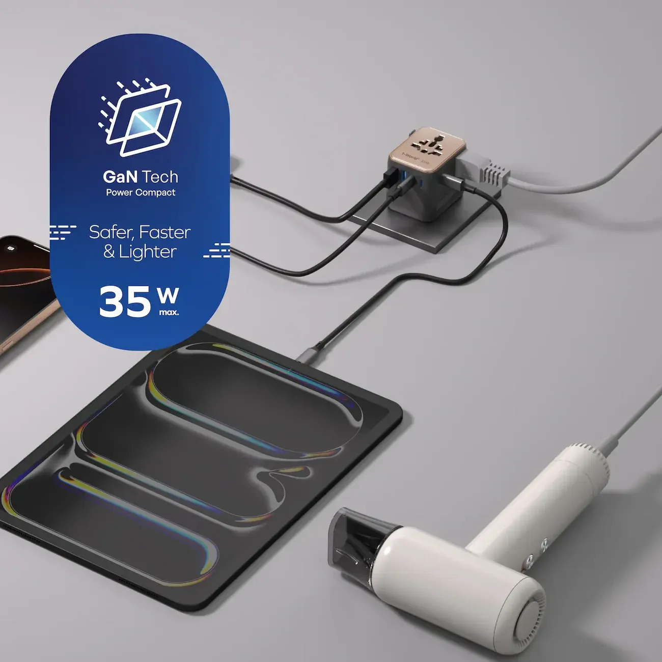 Momax UA27L2 35W GaN 5-Port + Dual AC Travel Adapter, Desert Gold