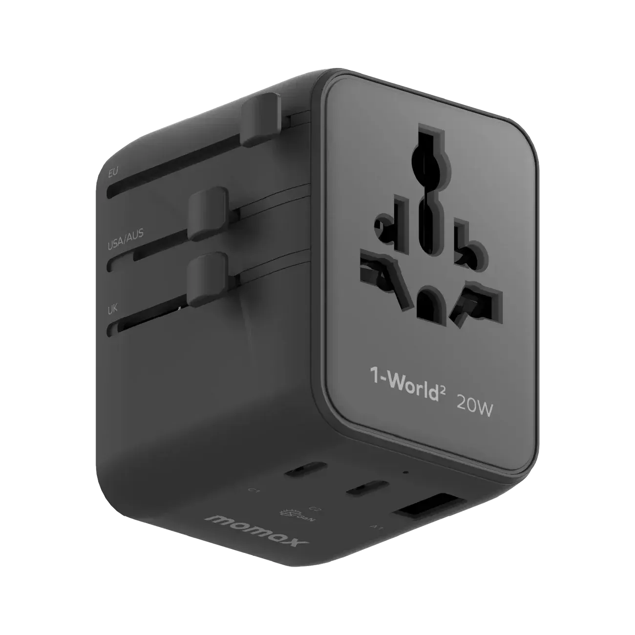 Momax UA26D 20W GaN 3-Port + Dual AC Travel Adapter, Black