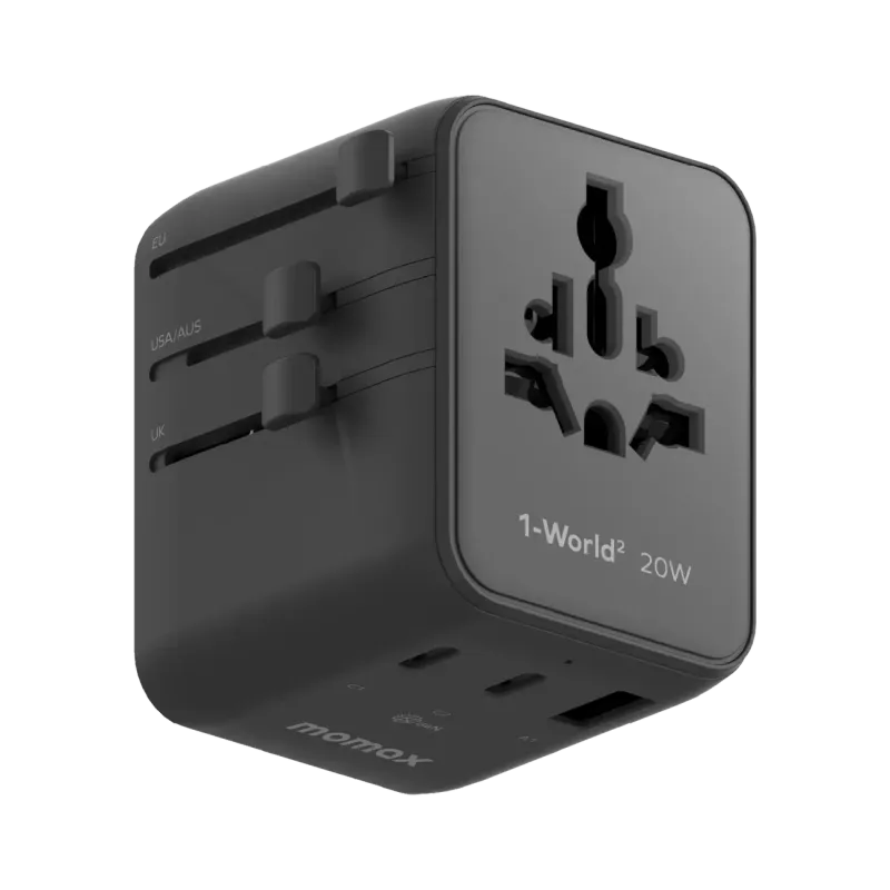Momax UA26D 20W GaN 3-Port + Dual AC Travel Adapter, Black